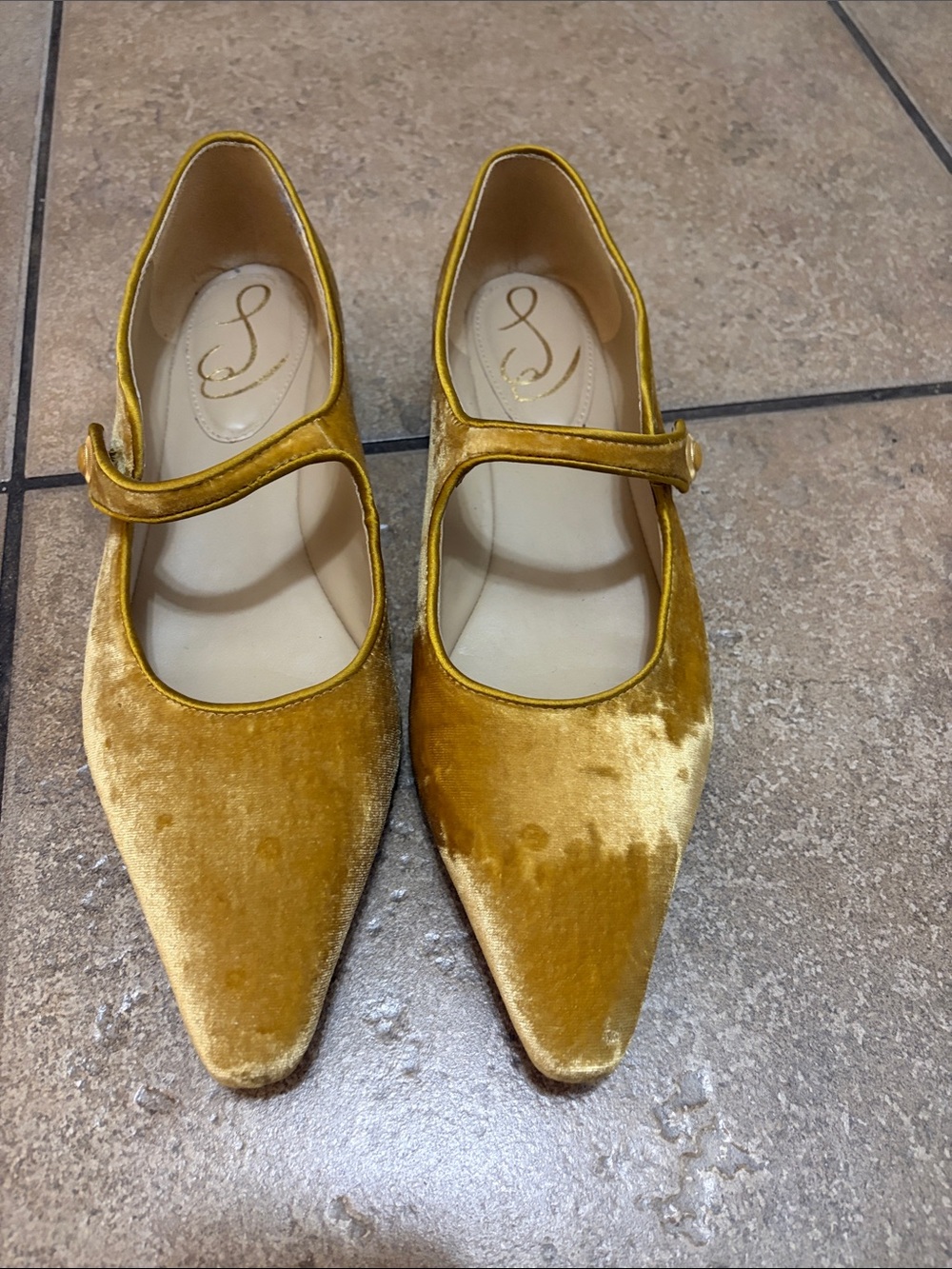Sam Edelman Gold Velvet Mary Jane Pointed-Toe Flats